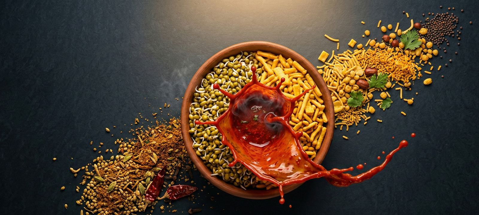 A clay bowl of misal with red tarri splashing over sprouts and farsan, spices scattered on dark slate
